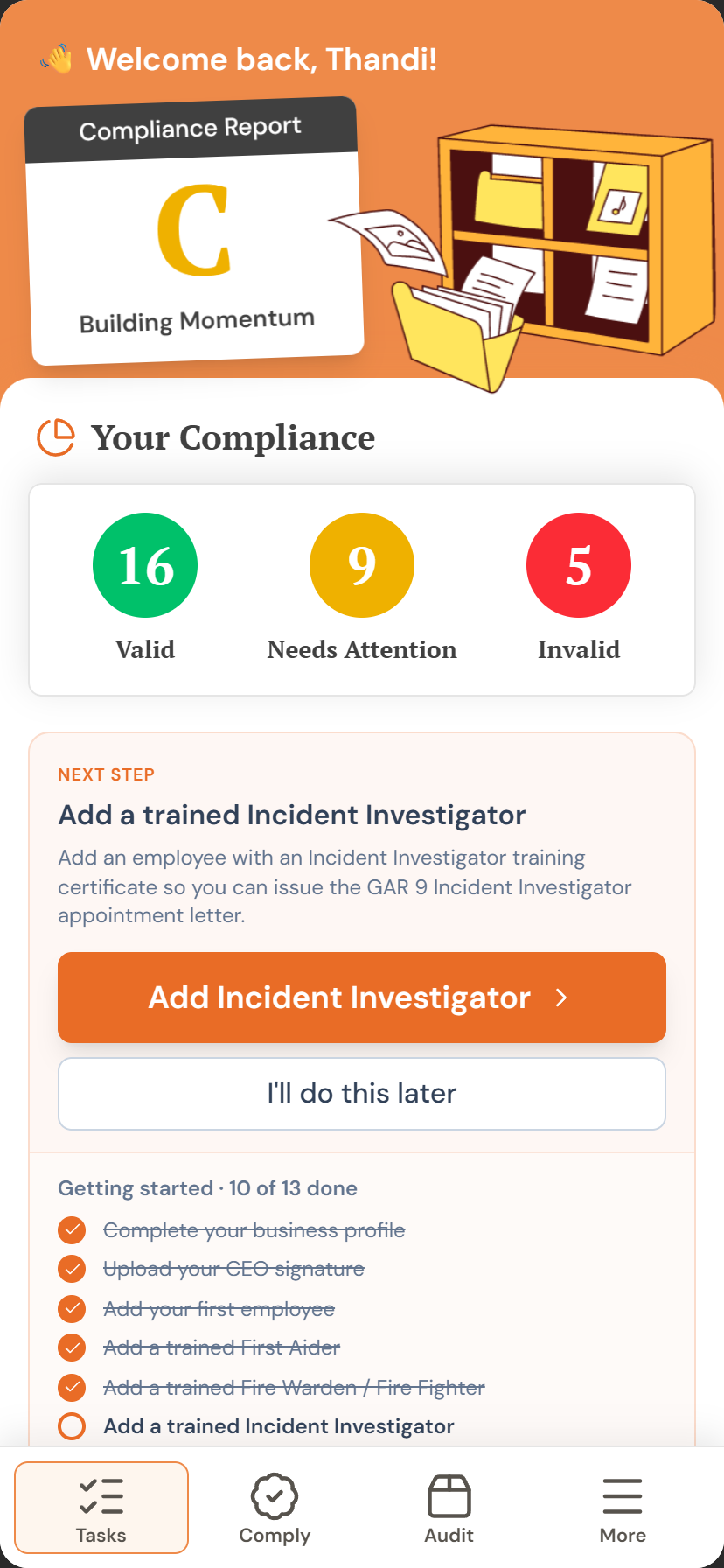 CompliSafe app — compliance dashboard